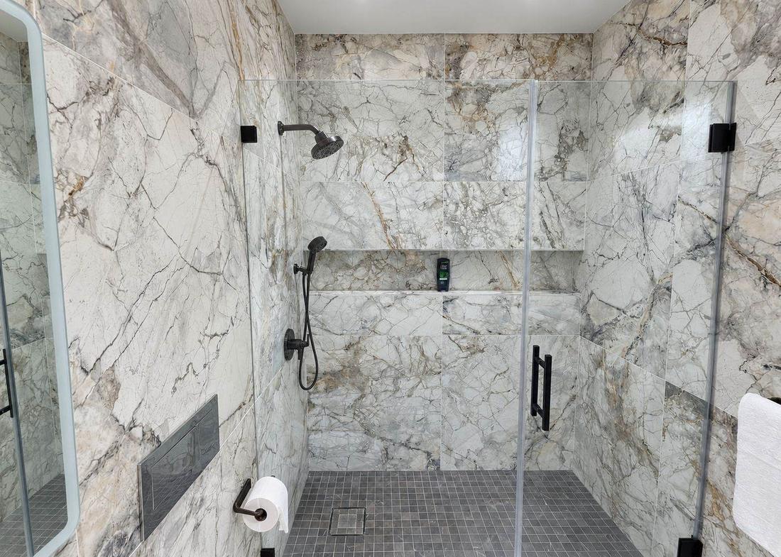 Marble tile walk-in shower, bathroom remodel by MySFContractor