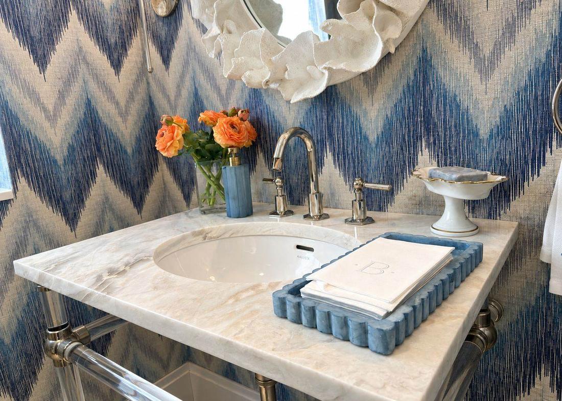Powder room with marble vanity and patterned wallpaper, bathroom remodel by MySFContractor