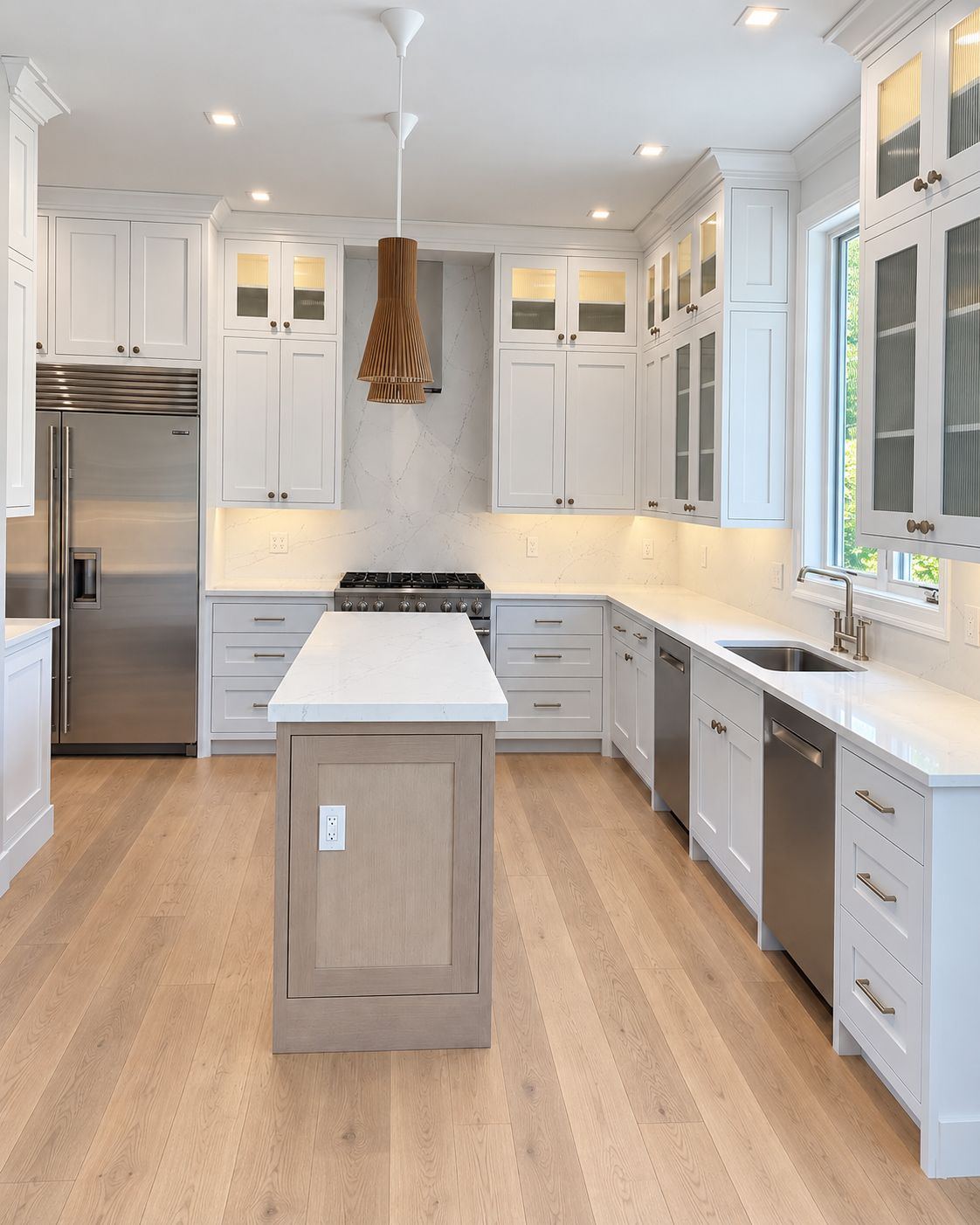 White shaker kitchen with island and pendant lighting, kitchen remodel by MySFContractor